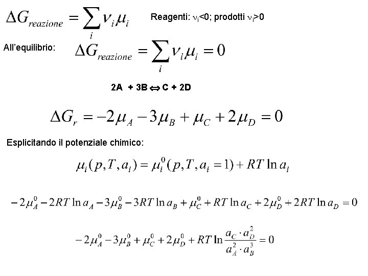 Reagenti: i<0; prodotti i>0 All’equilibrio: 2 A + 3 B C + 2 D