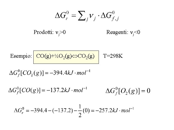 Prodotti: j>0 Esempio: CO(g)+½O 2(g) CO 2(g) Reagenti: j<0 T=298 K 