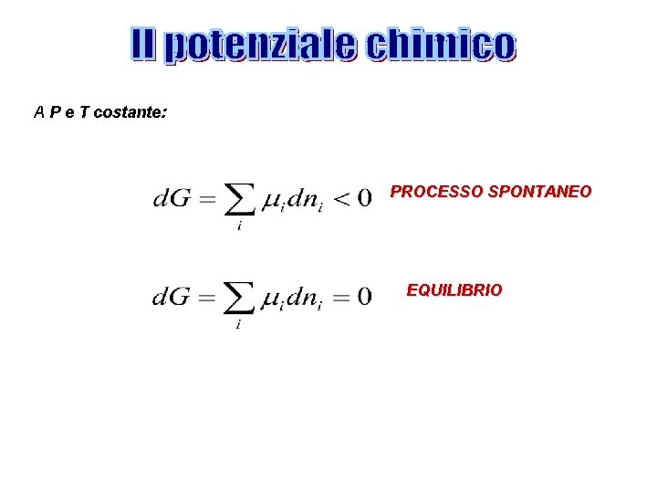 A P e T costante: PROCESSO SPONTANEO EQUILIBRIO 