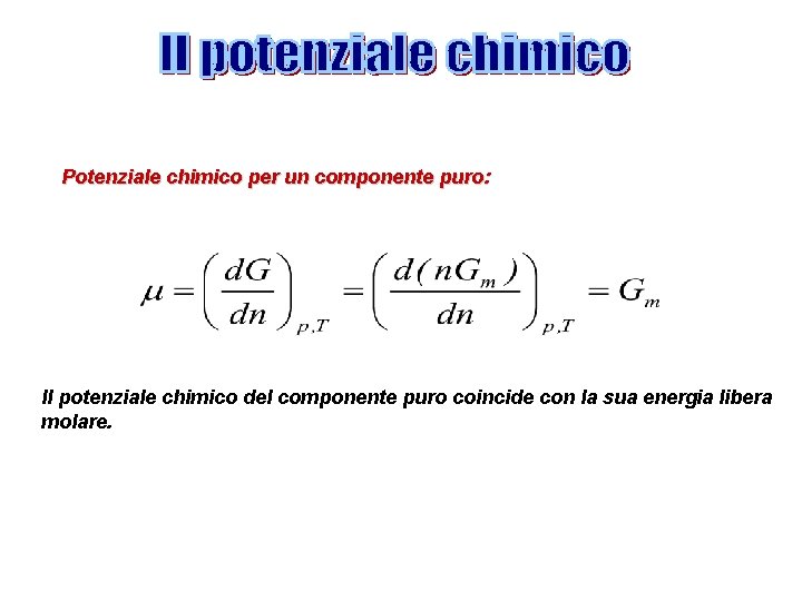 Potenziale chimico per un componente puro: Il potenziale chimico del componente puro coincide con