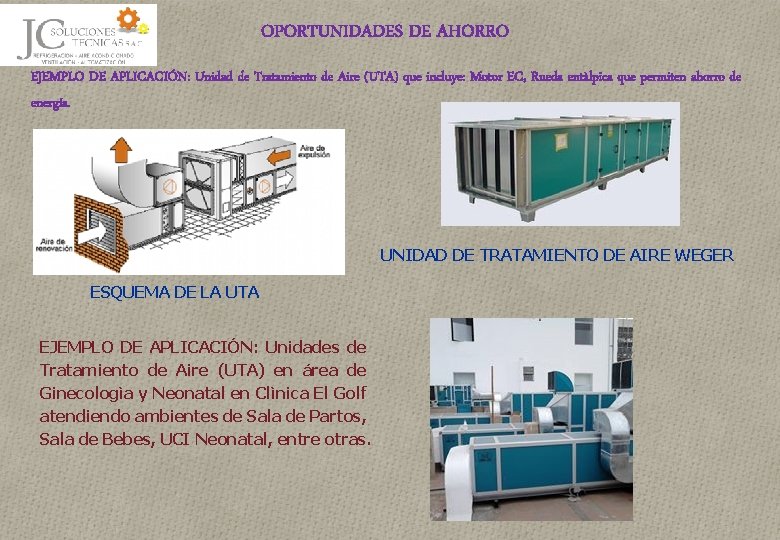 OPORTUNIDADES DE AHORRO EJEMPLO DE APLICACIÓN: Unidad de Tratamiento de Aire (UTA) que incluye: