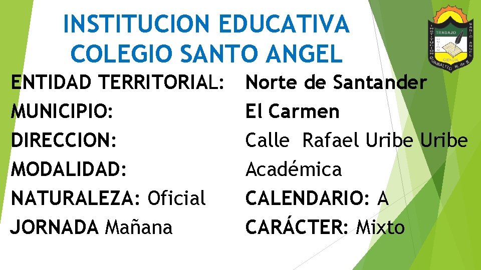 INSTITUCION EDUCATIVA COLEGIO SANTO ANGEL ENTIDAD TERRITORIAL: MUNICIPIO: DIRECCION: MODALIDAD: NATURALEZA: Oficial JORNADA Mañana