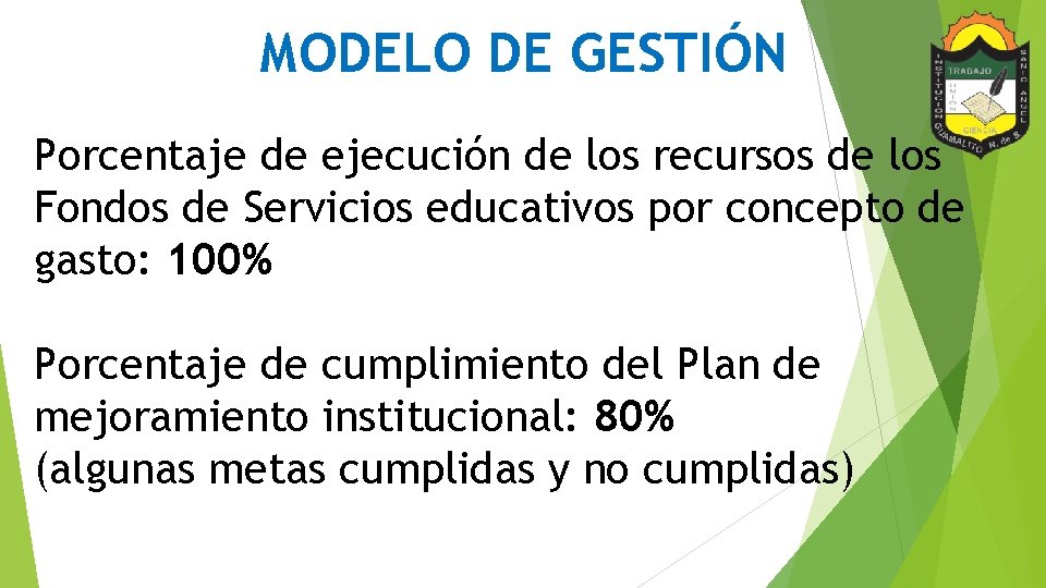 MODELO DE GESTIÓN Porcentaje de ejecución de los recursos de los Fondos de Servicios