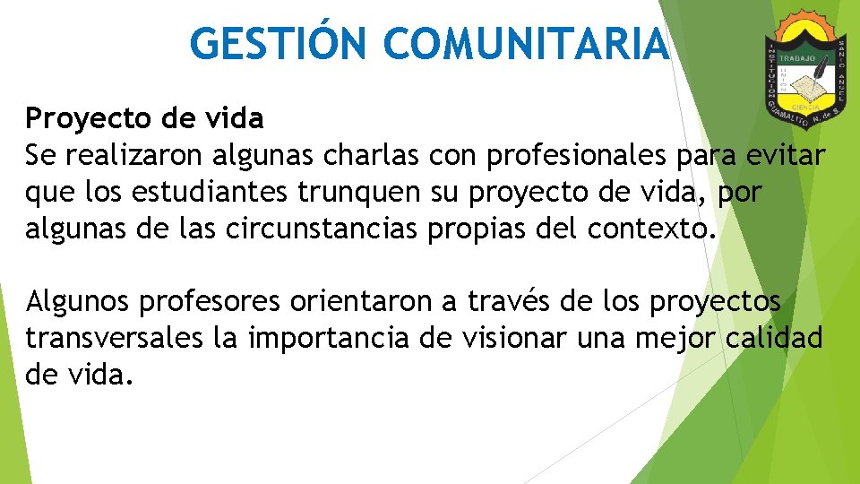 GESTIÓN COMUNITARIA Proyecto de vida Se realizaron algunas charlas con profesionales para evitar que