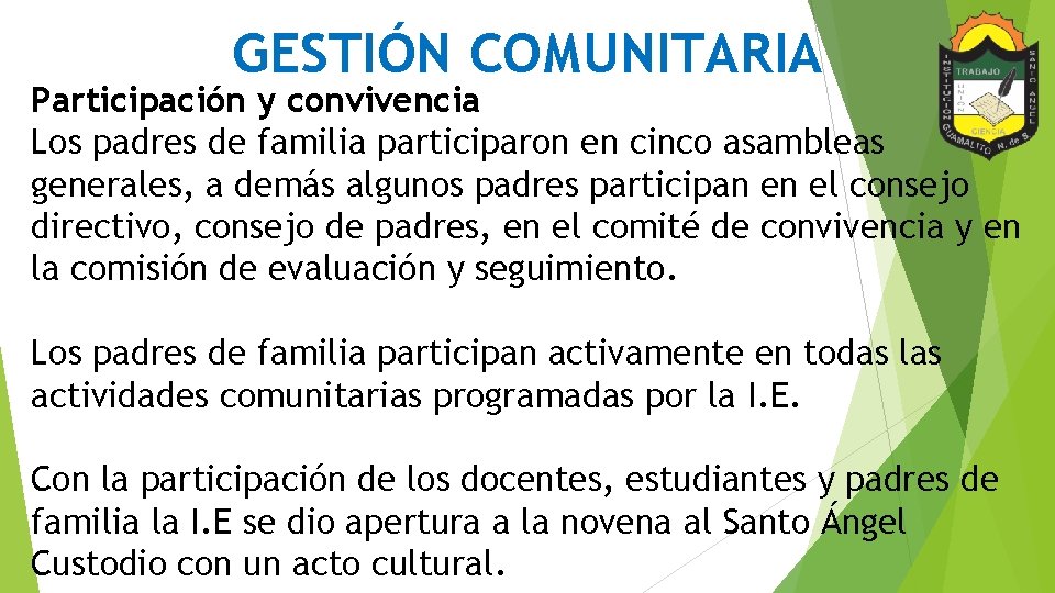 GESTIÓN COMUNITARIA Participación y convivencia Los padres de familia participaron en cinco asambleas generales,