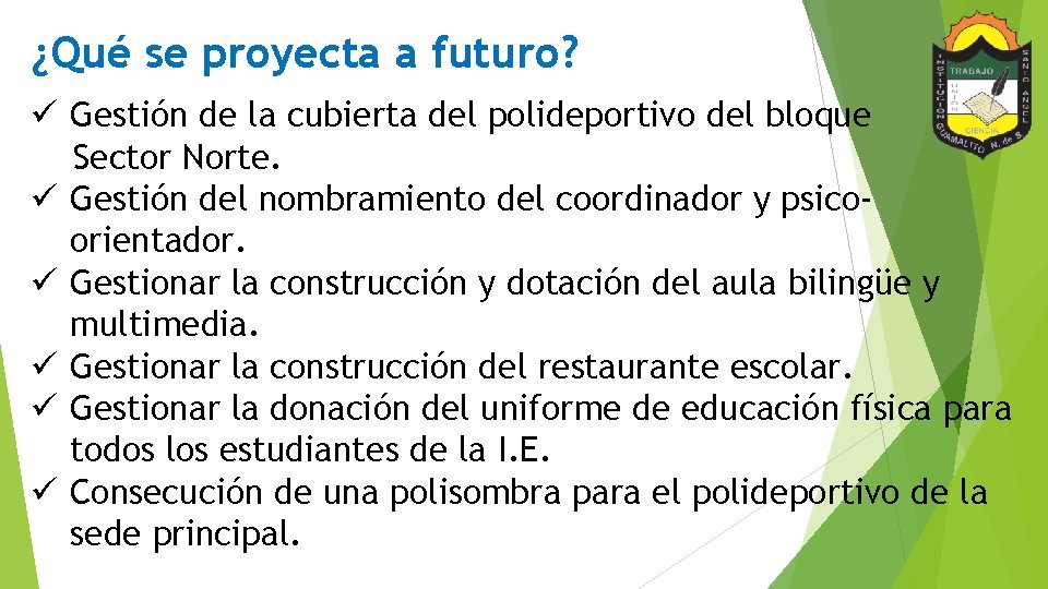 ¿Qué se proyecta a futuro? ü Gestión de la cubierta del polideportivo del bloque