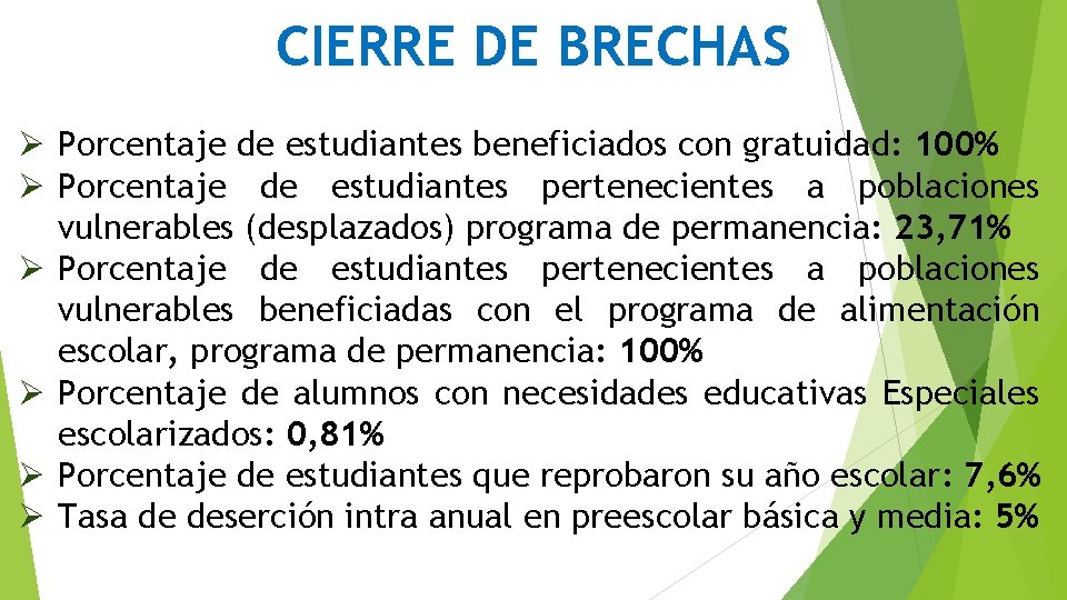 CIERRE DE BRECHAS Ø Porcentaje de estudiantes beneficiados con gratuidad: 100% Ø Porcentaje de