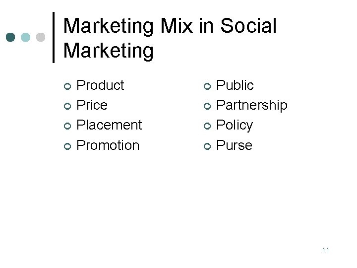 Marketing Mix in Social Marketing ¢ ¢ Product Price Placement Promotion ¢ ¢ Public