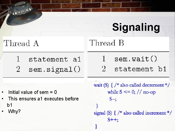 Signaling • Initial value of sem = 0 • This ensures a 1 executes