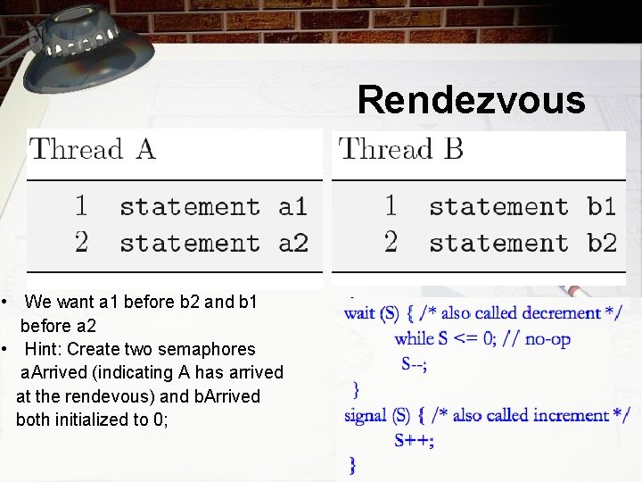 Rendezvous • We want a 1 before b 2 and b 1 before a