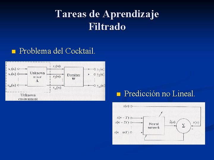 Tareas de Aprendizaje Filtrado n Problema del Cocktail. n Predicción no Lineal. 