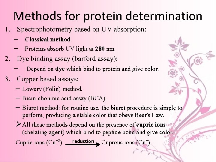 Methods for protein determination 1. Spectrophotometry based on UV absorption: – Classical method. – Methods for protein determination 1. Spectrophotometry based on UV absorption: – Classical method. –