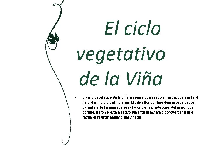 El ciclo vegetativo de la Viña • El ciclo vegetativo de la viña empieza