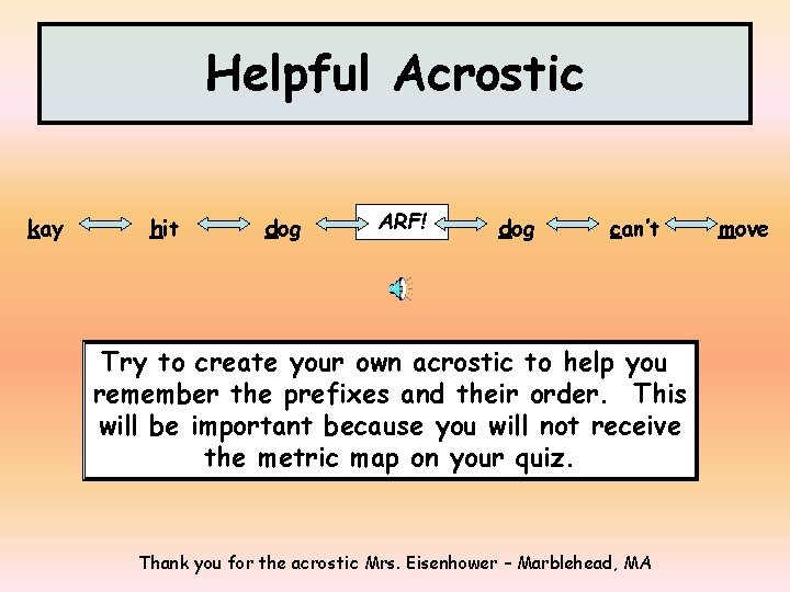 Helpful Acrostic kay hit dog ARF! dog can’t Try to create your own acrostic