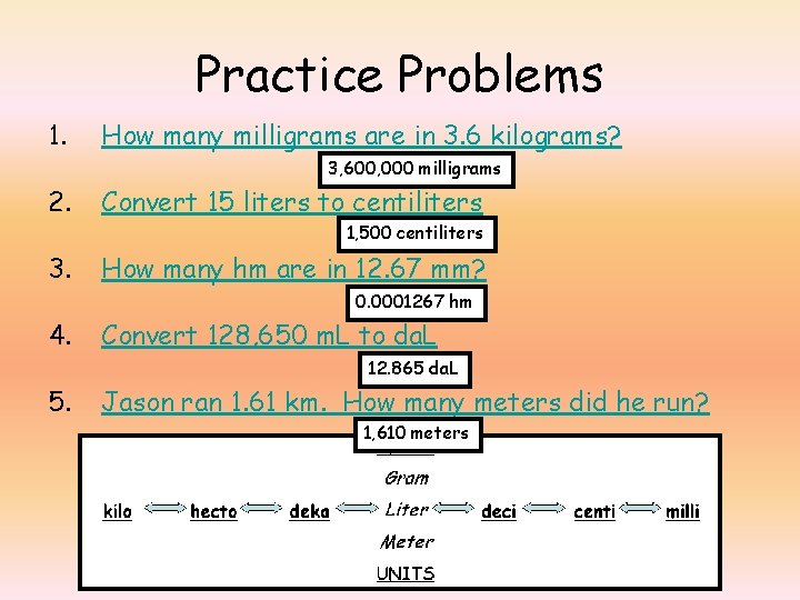 Practice Problems 1. How many milligrams are in 3. 6 kilograms? 3, 600, 000