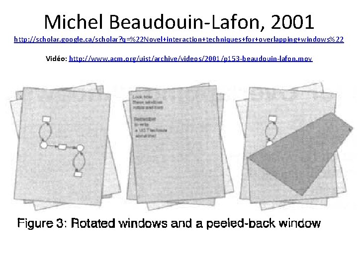 Michel Beaudouin-Lafon, 2001 http: //scholar. google. ca/scholar? q=%22 Novel+interaction+techniques+for+overlapping+windows%22 Vidéo: http: //www. acm. org/uist/archive/videos/2001/p