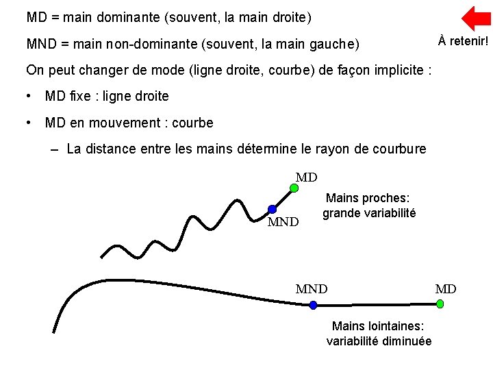 MD = main dominante (souvent, la main droite) MND = main non-dominante (souvent, la