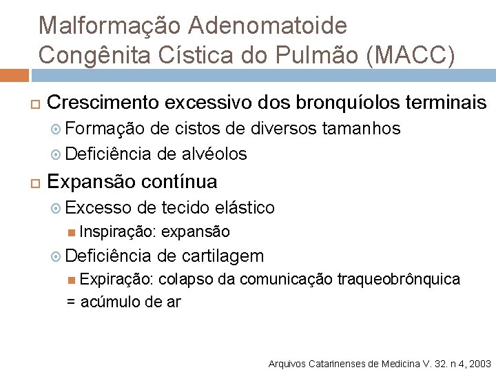 Malformação Adenomatoide Congênita Cística do Pulmão (MACC) Crescimento excessivo dos bronquíolos terminais Formação de