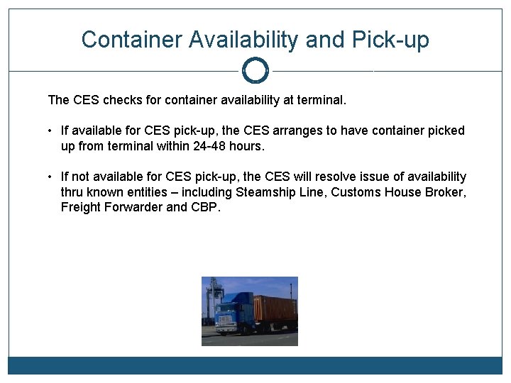 Container Availability and Pick-up The CES checks for container availability at terminal. • If