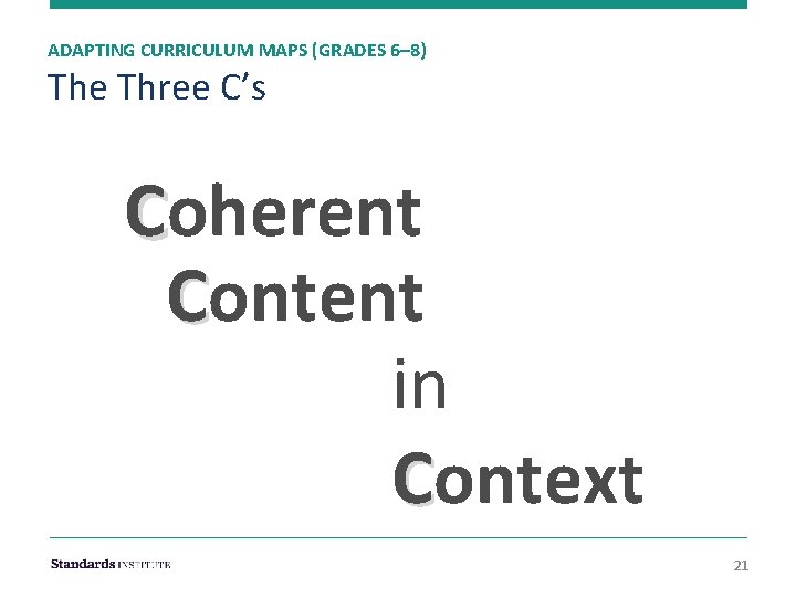ADAPTING CURRICULUM MAPS (GRADES 6– 8) The Three C’s Coherent Content in Context 21