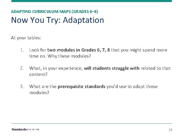 ADAPTING CURRICULUM MAPS (GRADES 6– 8) Now You Try: Adaptation At your tables: 1.