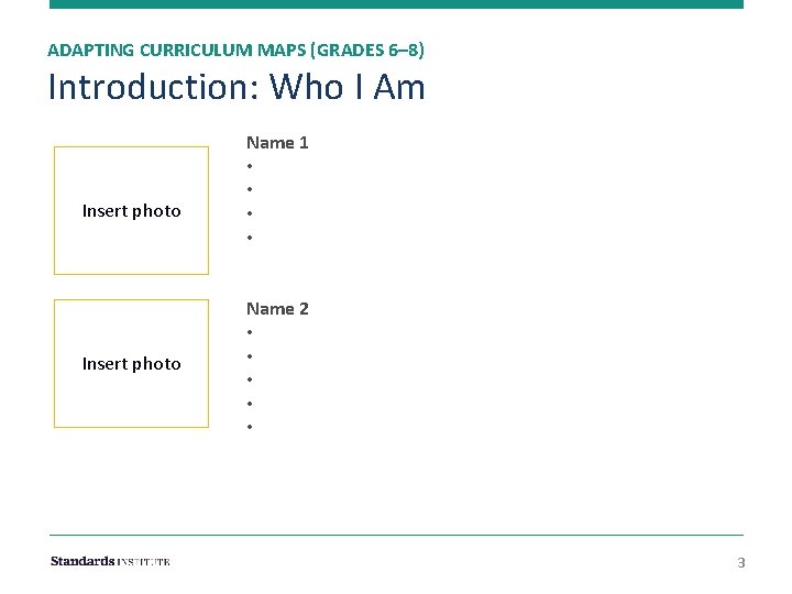 ADAPTING CURRICULUM MAPS (GRADES 6– 8) Introduction: Who I Am Insert photo Name 1
