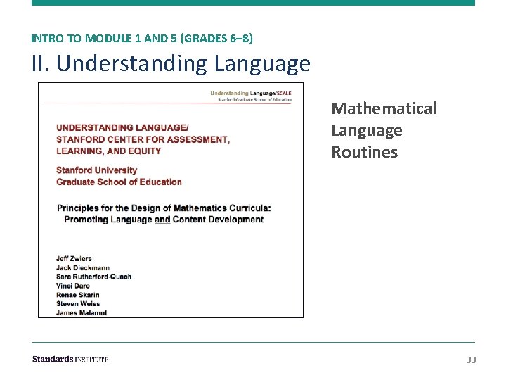 INTRO TO MODULE 1 AND 5 (GRADES 6– 8) II. Understanding Language Mathematical Language