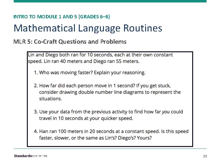 INTRO TO MODULE 1 AND 5 (GRADES 6– 8) Mathematical Language Routines MLR 5: