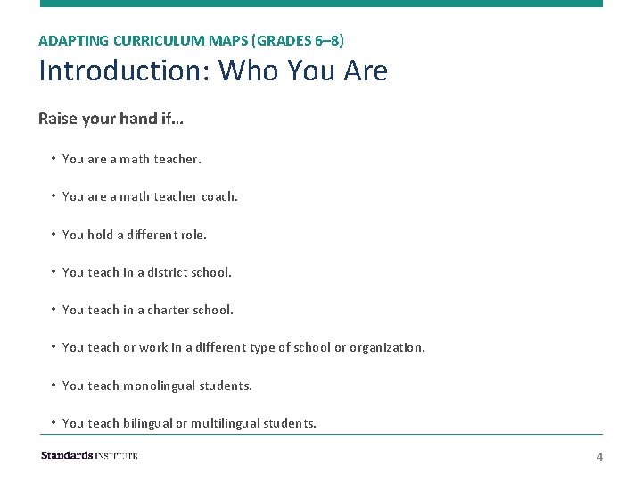 ADAPTING CURRICULUM MAPS (GRADES 6– 8) Introduction: Who You Are Raise your hand if…