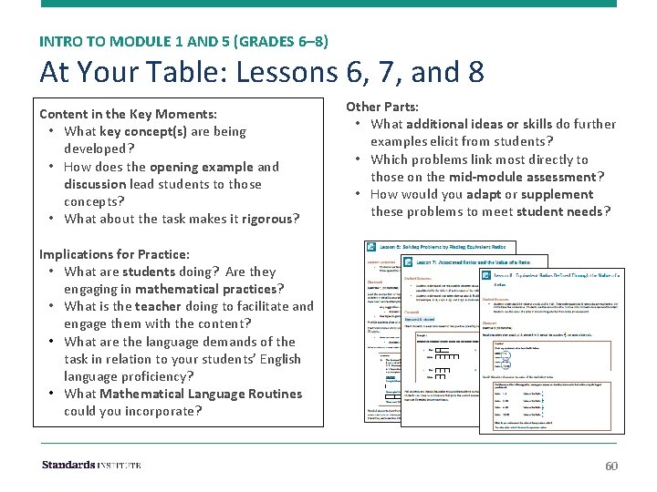 INTRO TO MODULE 1 AND 5 (GRADES 6– 8) At Your Table: Lessons 6,