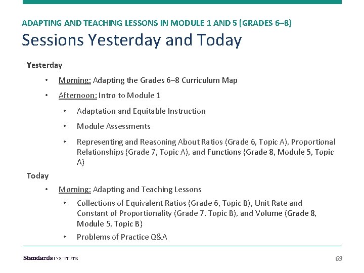 ADAPTING AND TEACHING LESSONS IN MODULE 1 AND 5 (GRADES 6– 8) Sessions Yesterday