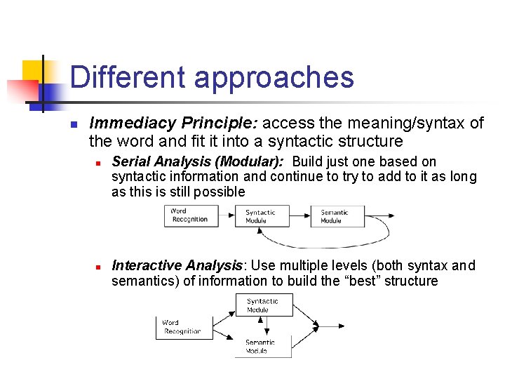 Different approaches n Immediacy Principle: access the meaning/syntax of the word and fit it