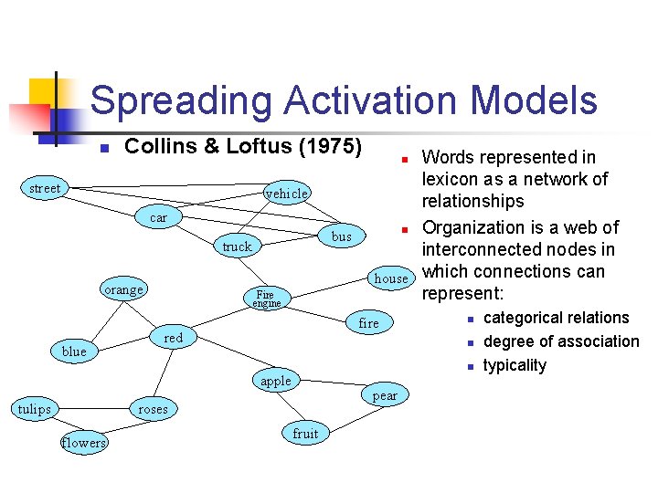 Spreading Activation Models n Collins & Loftus (1975) street n vehicle car truck house