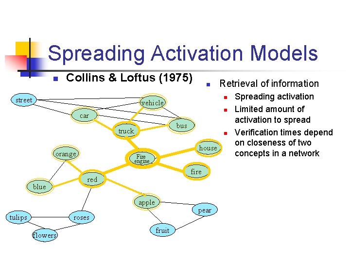 Spreading Activation Models n Collins & Loftus (1975) street n n vehicle n car Spreading Activation Models n Collins & Loftus (1975) street n n vehicle n car