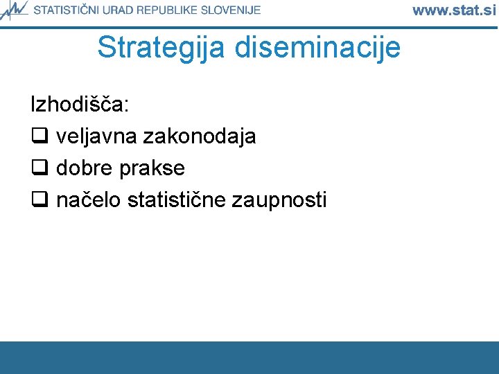 Strategija diseminacije Izhodišča: q veljavna zakonodaja q dobre prakse q načelo statistične zaupnosti 