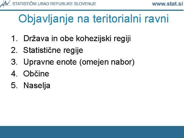 Objavljanje na teritorialni ravni 1. 2. 3. 4. 5. Država in obe kohezijski regiji