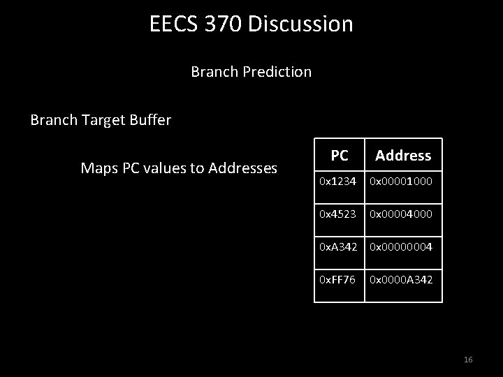 EECS 370 Discussion Branch Prediction Branch Target Buffer Maps PC values to Addresses PC