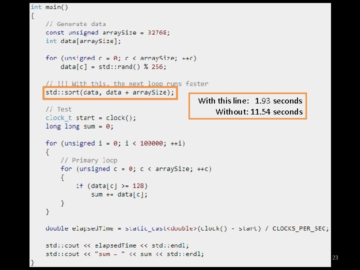 EECS 370 Discussion With this line: 1. 93 seconds Without: 11. 54 seconds 23