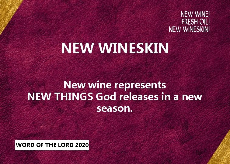 NEW WINESKIN New wine represents NEW THINGS God releases in a new season. WORD