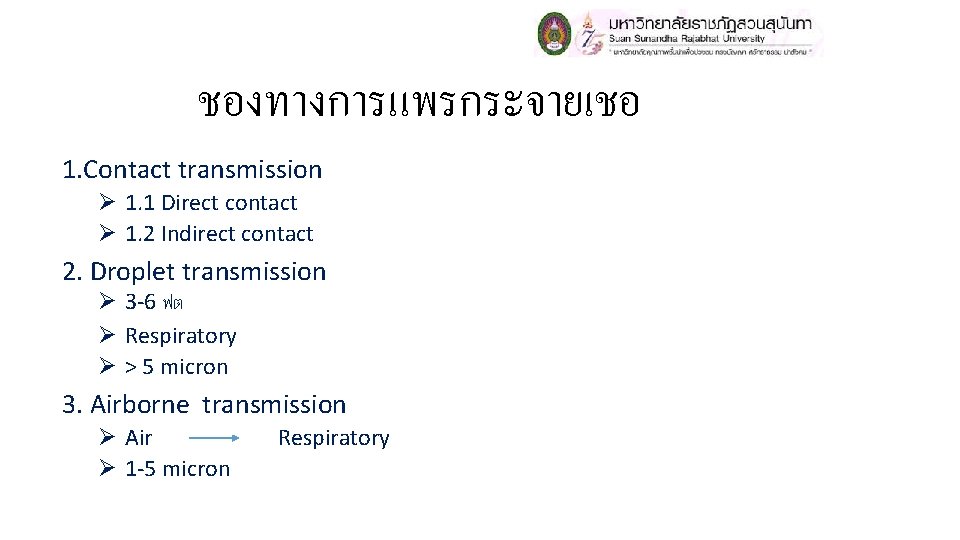 ชองทางการแพรกระจายเชอ 1. Contact transmission Ø 1. 1 Direct contact Ø 1. 2 Indirect contact ชองทางการแพรกระจายเชอ 1. Contact transmission Ø 1. 1 Direct contact Ø 1. 2 Indirect contact