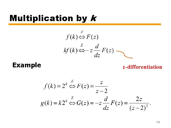 Multiplication by k Example z-differentiation 14 