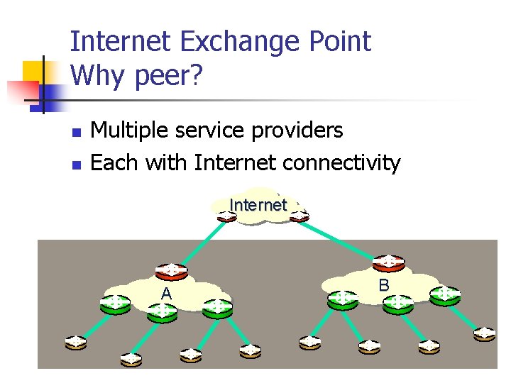 Internet Exchange Point Why peer? n n Multiple service providers Each with Internet connectivity Internet Exchange Point Why peer? n n Multiple service providers Each with Internet connectivity