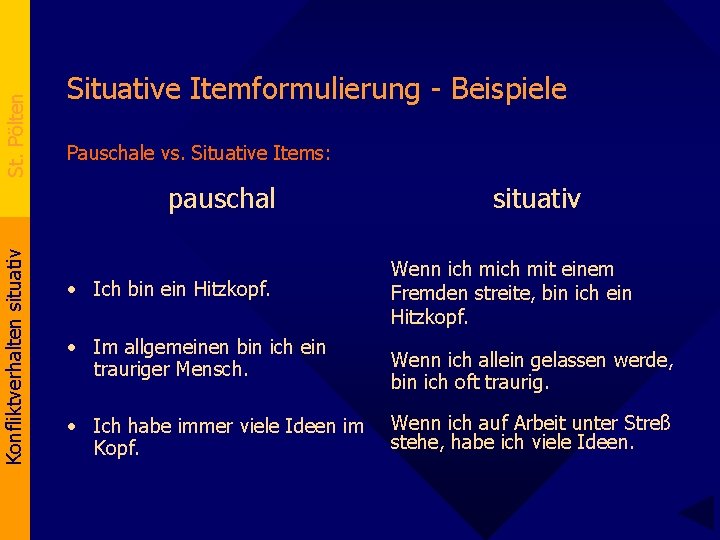 St. Pölten Situative Itemformulierung - Beispiele Pauschale vs. Situative Items: Konfliktverhalten situativ pauschal •