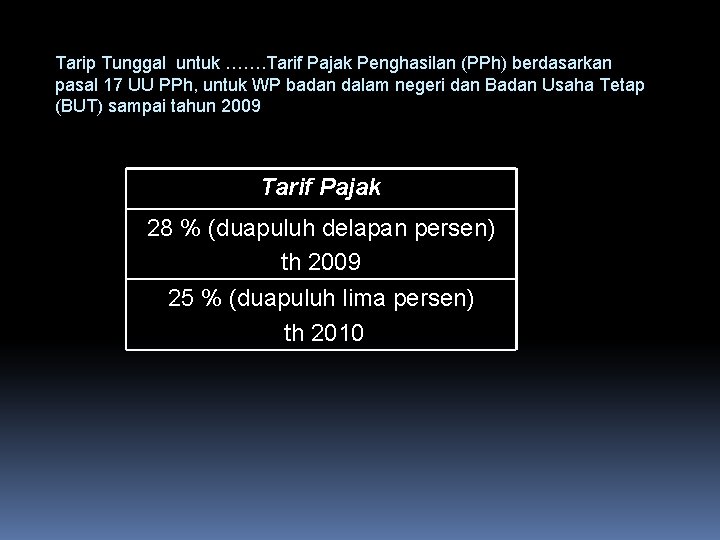 Tarip Tunggal untuk ……. Tarif Pajak Penghasilan (PPh) berdasarkan pasal 17 UU PPh, untuk