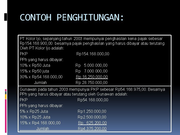 CONTOH PENGHITUNGAN: PT Kolor Ijo, sepanjang tahun 2003 mempunyai penghasilan kena pajak sebesar Rp