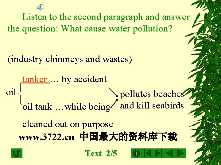  Listen to the second paragraph and answer the question: What cause water pollution?