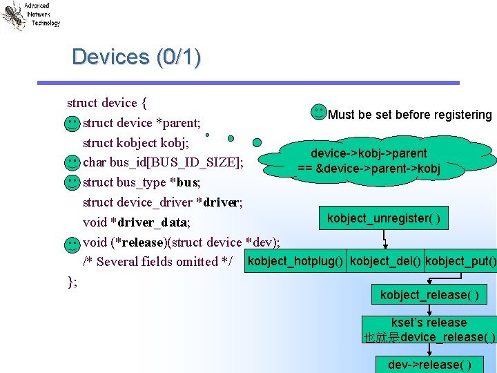 Devices (0/1) struct device { Must be set before registering struct device *parent; struct