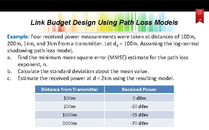 Link Budget Design Using Path Loss Models 16 Example: Four received power measurements were