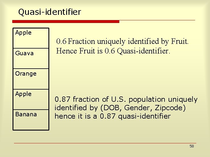 Quasi-identifier Apple Guava 0. 6 Fraction uniquely identified by Fruit. Hence Fruit is 0.