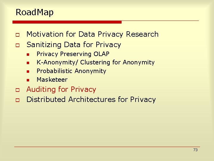 Road. Map o o Motivation for Data Privacy Research Sanitizing Data for Privacy n